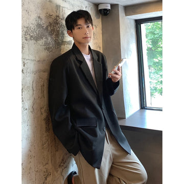 Wiaofellas-Oversized Solid Color Blazer Men Fashion Social Mens Dress Jacket Korean Loose Casual Suit Jacket Mens Office Formal Blazer